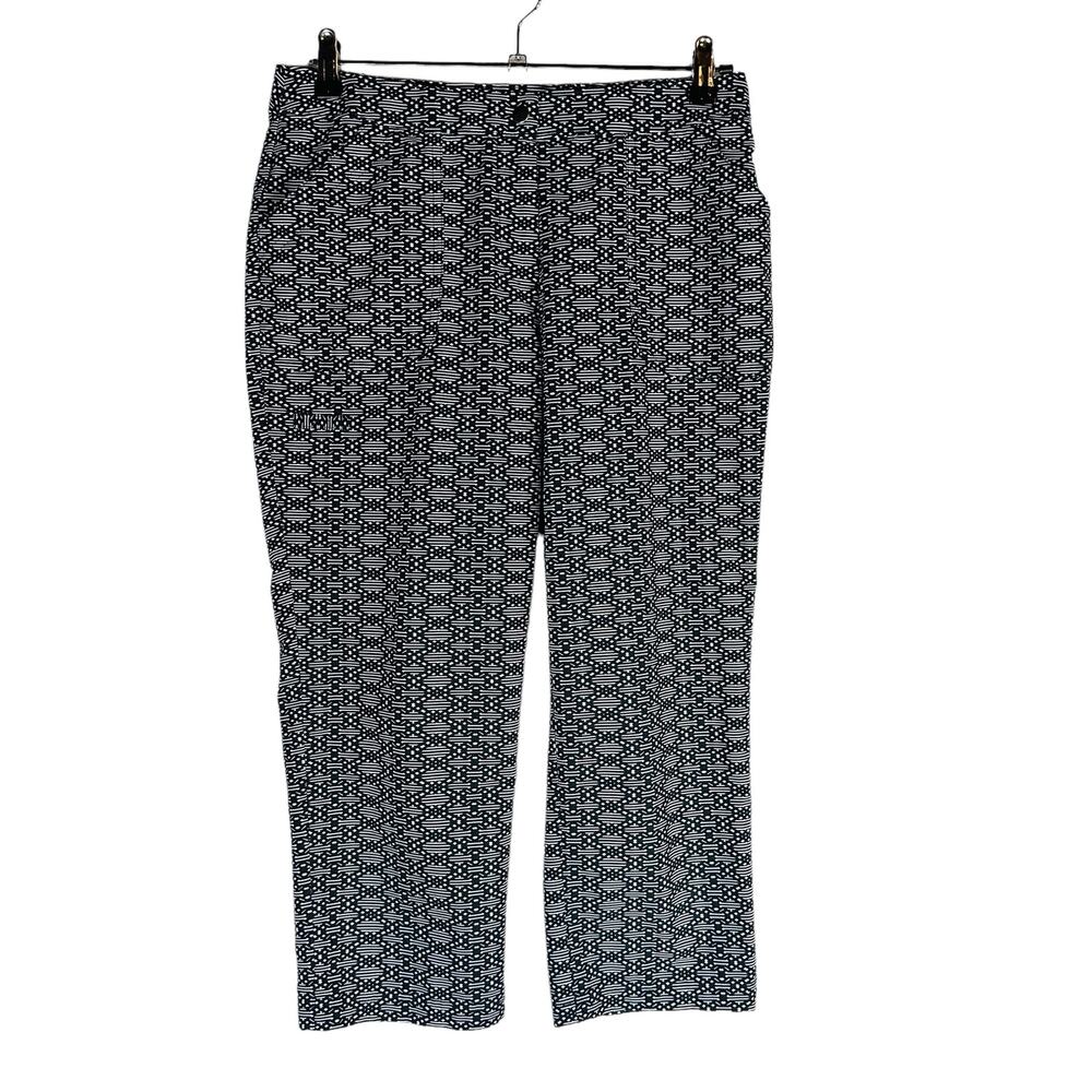 Chico's Weekends Womans Sz 0 4 Crop Active Pants Stretch Comfort Blue Geometric‎